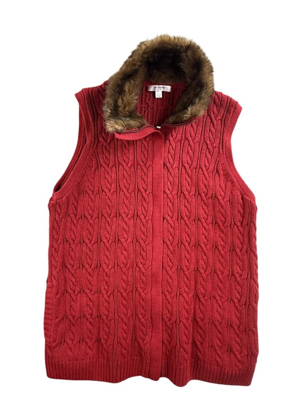 Liz Claiborne Sweater Vest Womens Large Red Cable Knit Full Zip Faux Fur Pockets